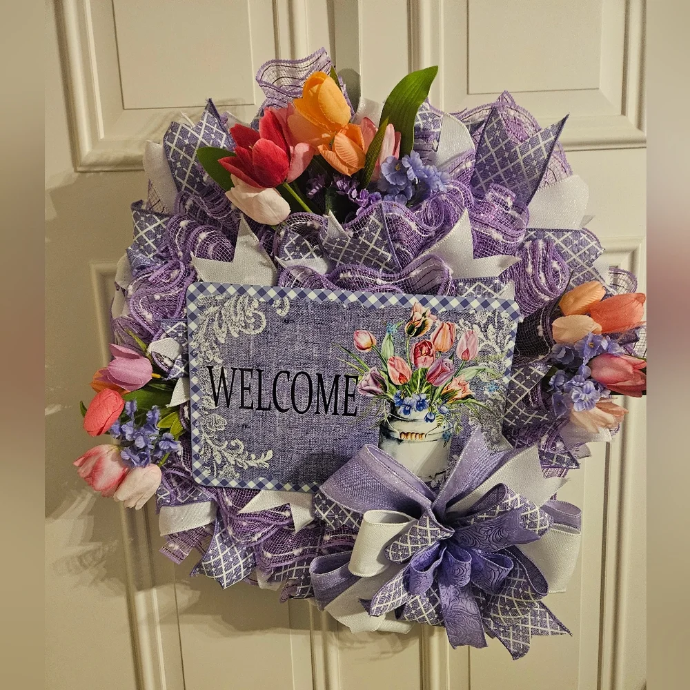 Hand Crafted Purple and Pink Welcome Wreath